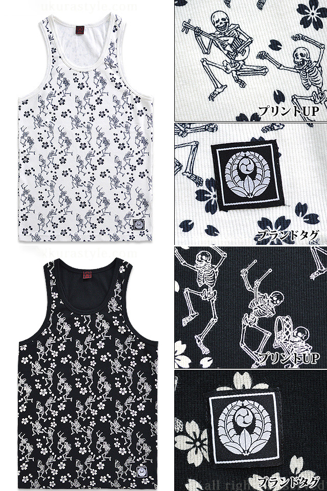 踊りドクロタンクトップ クロップドヘッズ 和柄 髑髏 Skull 桜 夏 Croppedheads S M ホワイト ブラック