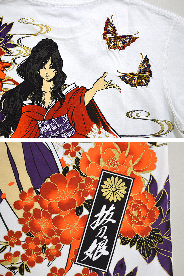 抜刀娘 妃那 蝶の舞半袖tシャツ 抜刀娘 2122 和柄 和風 着物 刺繍 刺青