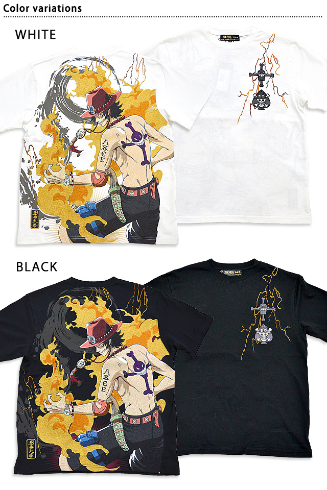 絡繰魂×ONE PIECE メラメラの半袖Tシャツ「ポートガス・D・エース」 212023 和柄 和風 刺繍 絡繰魂×ONE PIECE メラメラの半袖Tシャツ「ポートガス・D・エース」 212023 和柄 和風 刺繍
