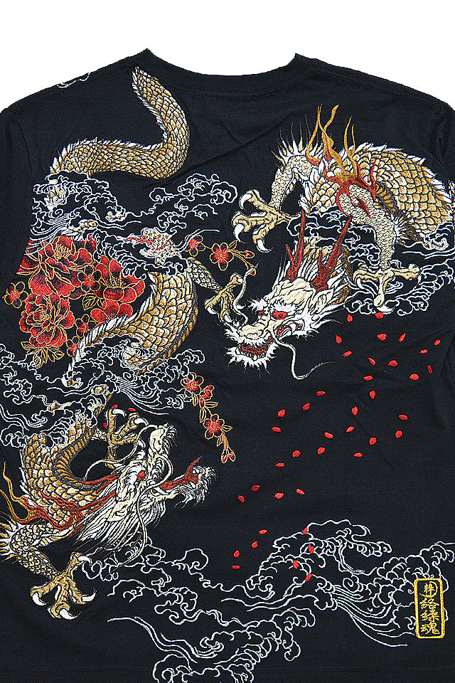 龍群刺繍ロングTシャツ 絡繰魂 223019 和柄 和風 竜 ドラゴン ロンT 