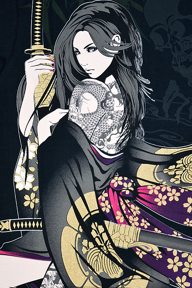 抜刀娘 結愛闇ポロシャツ◆抜刀娘 B色Mサイズ 232046 和柄 和風 花魁 着物