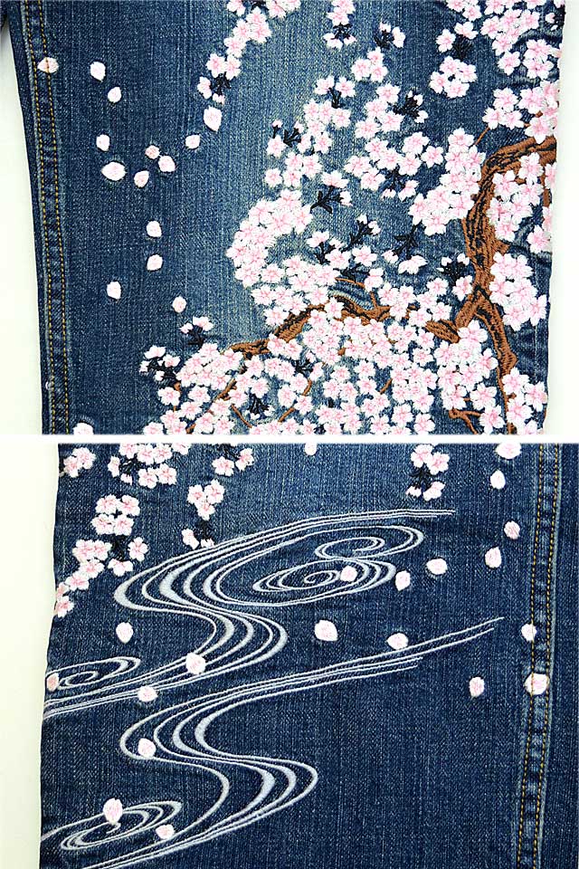 絡繰魂　36 デニム　ホワイトジーンズ 和柄　刺繍　桜　扇？　巻物　白パンツ