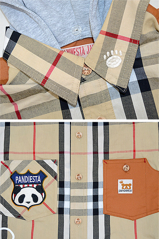 フード付きバブルパンダ七分袖チェックシャツ◆PANDIESTA JAPAN グリーンLサイズ 582202 パンディエスタジャパン パンダ 刺繍 半端袖