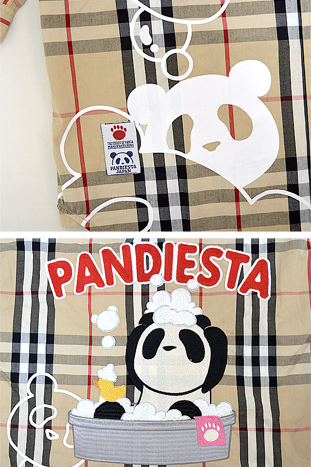 フード付きバブルパンダ七分袖チェックシャツ◆PANDIESTA JAPAN グリーンLサイズ 582202 パンディエスタジャパン パンダ 刺繍 半端袖