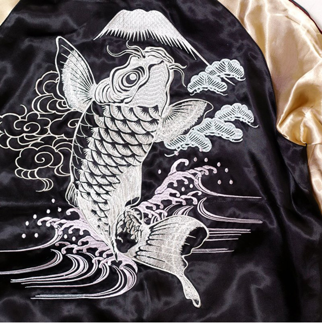波に鯉柄刺繍スカジャン Japanesque ジャパネスク 3rsj 047 和柄 和風 コイ スーベニアジャケット