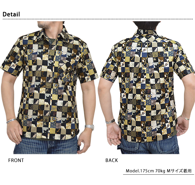 半袖レギュラーシャツ「猫市松」 衣櫻 SA-1394 和柄 和風 ネコ ねこ 