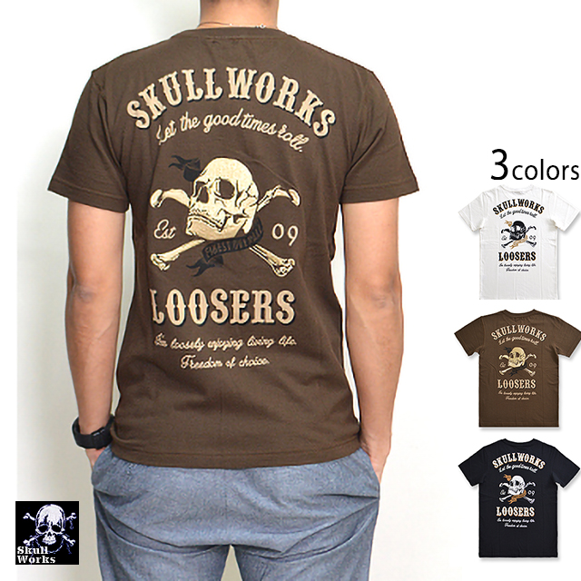 スカルフラッグ半袖Tシャツ◆スカルワークス/送料無料アメカジバイカーSKULL WORKS